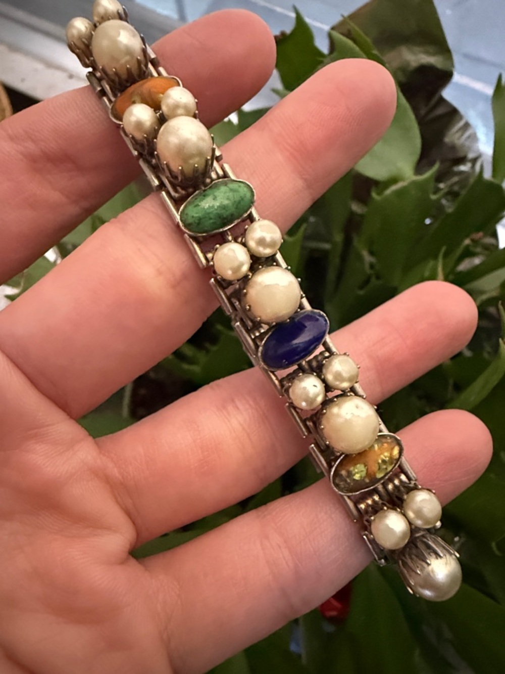 Elegant Antique Rare Multi-Color Faux Pearl and Cabochon Stretch Bracelet